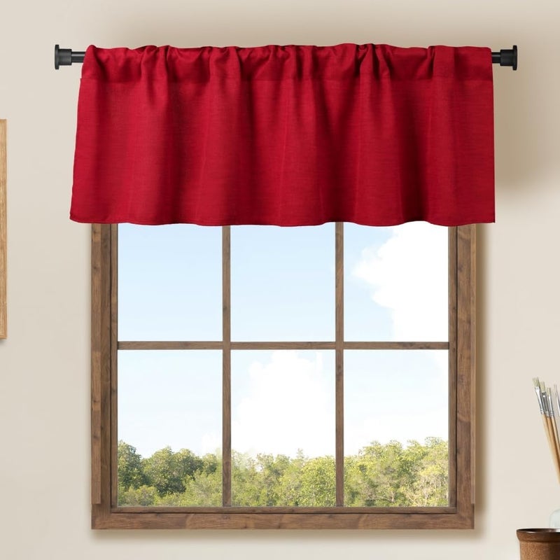 WOSIBO 2 Pack Blackout Window Valance Burlap Tan Rod Pocket Farmhouse Style Window Treatment Decor Curtains for Kitchen Bathroom Living Room 16" x 56" (Red) - Image 2